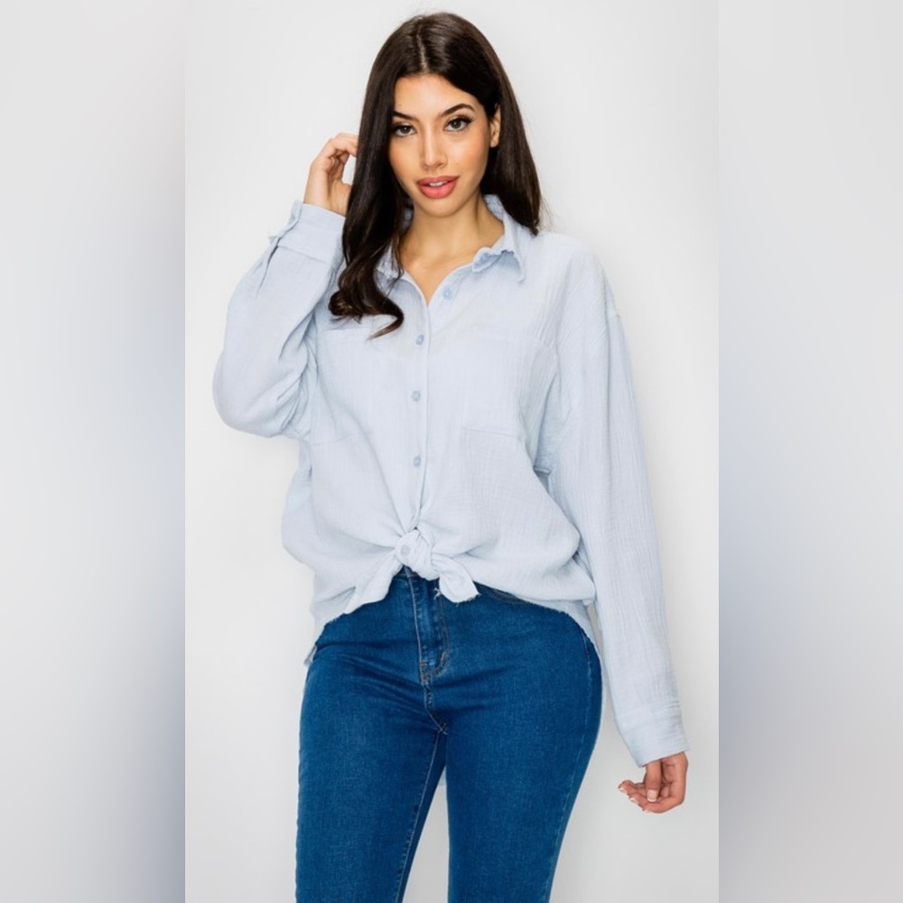 Baby blue boyfriend crinkled button down